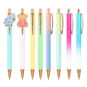 Glitter metal click ballpoint pens set in pastel gradient colors with cute ornaments
