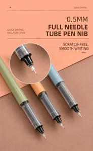 Detail der 0,5mm Nadelspitze eines schnelltrocknenden Tintenrollers für glattes Schreiben