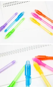 Close-up view of the built-in LED light tip on a colorful UV invisible ink magic pen.
