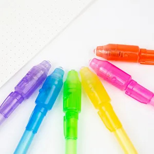 Colorful UV invisible ink pens with built-in LED lights displayed on a white desk
