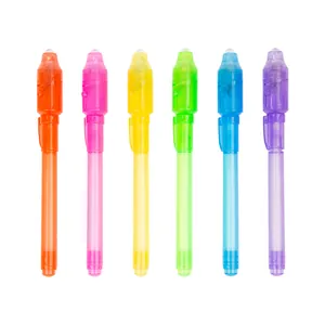 Set of 6 colorful UV invisible ink pens with built-in LED blacklight top.