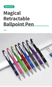 Detailed macro view of colorful metal retractable pens with stylus tips