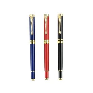 Set of three luxury metal business rollerball pens in blue, red, and black with gold clips.