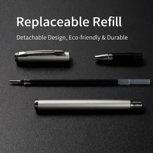 Silver metal business pen with disassembled parts and replaceable black ink refill