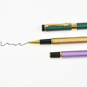 Premium metallic rollerball pens in green, gold, and purple for office and business.