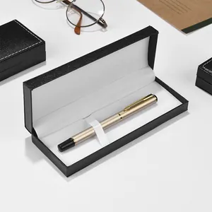 Premium black faux leather pen gift box with elegant champagne gold fountain pen