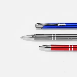 Set of premium metallic ballpoint pens in blue, grey, and red for professional business office