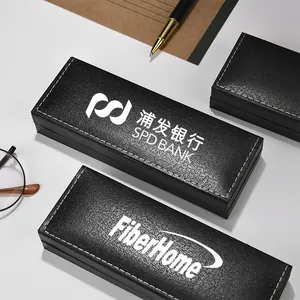 Professional black leather single pen gift box with white stitching for business gifts