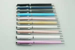 A detailed view showing a set of ten multi-colored metal business signature pens aligned.