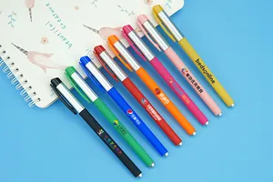 Detailed macro view of colorful customizable gel pens with printed logos on a blue background
