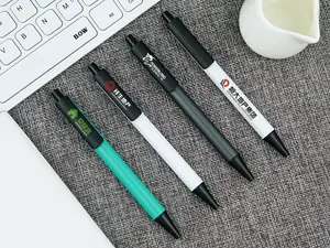 Detail view of customized aluminum metal pens with printed logos on a desk.