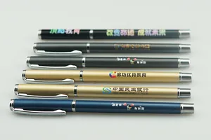 Detailed macro shot of various custom metal business pens with engraved corporate logos