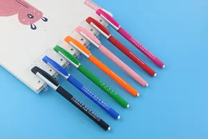 Detailed view of seven colorful customizable gel pens with sample logo printings