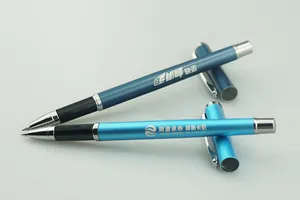 Elegant blue metal rollerball pens with custom logo engraving for corporate gifts