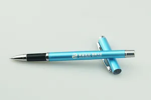Detailed view of a premium blue metallic rollerball pen with customized logo printing for gifts