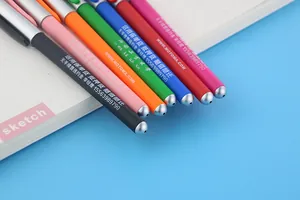 Close-up of colorful customizable advertising gel pens in rainbow colors for business gifts.
