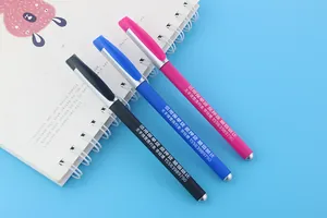 Close-up detail of three colorful gel pens with custom printed logos on a light blue background.