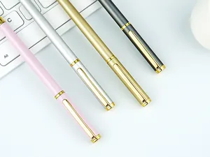 Detailed view of slim metal business pens in various colors with elegant gold accents.
