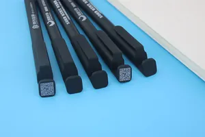 Close-up detail of a custom black gel pen featuring a QR code and integrated phone stand clip