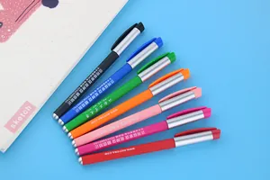 Close-up detail of rainbow colored gel pens showing customizable logo printing on pen barrels.