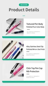 Detailed view of colorful metal retractable pens featuring stylus tips and polished clips