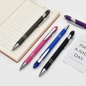 Set of colorful metal retractable ballpoint pens with touch screen stylus tip functionality