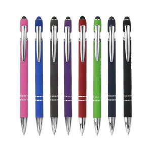 Set of eight colorful metal ballpoint pens with integrated stylus tips for touch screens