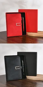 Detail view of premium A5 notebook and pen gift set in red and black colors.