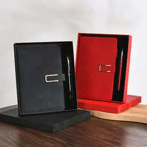 Premium A5 faux leather notebook and pen gift set in elegant black and red boxes