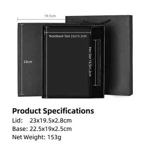 Premium black gift box set with dimensions for A5 notebook and pen packaging