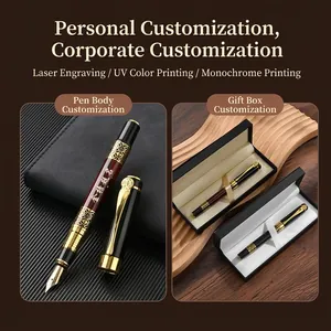 Elegant metal fountain pen gift set with intricate hollow Chinese style patterns.