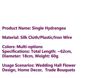 Detailed specifications for single stem artificial hydrangea: 62cm length, 18cm diameter