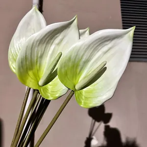 Detailed view of realistic white and green 3D printed artificial Anthurium flowers.