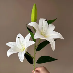 Premium real touch artificial 3D white lily spray featuring two lifelike blooms and one bud