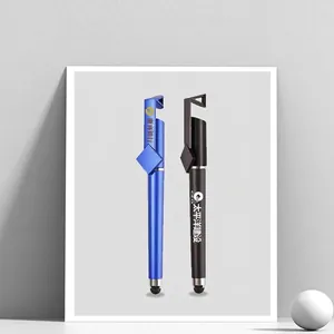 Custom neutral signature pen with integrated phone stand clip and stylus tip in blue and black