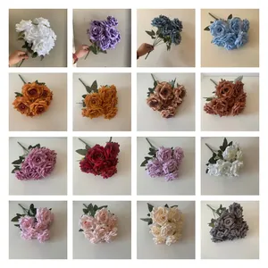 Detailed grid showcasing sixteen various colors of 9-head artificial diamond rose bouquets