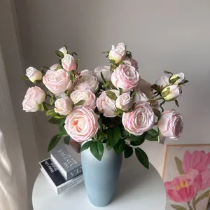 Elegant bouquet of pink artificial 3-head silk roses in a light blue vase for home decor.
