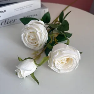 Detailed view of cream white 3-head artificial silk roses with realistic petals