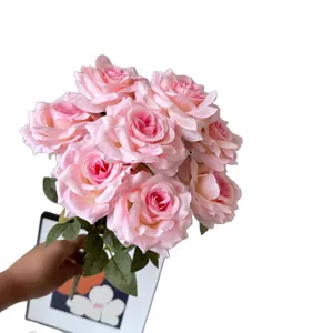 Realistic 9-head pink artificial diamond roses wedding bouquet for home decoration