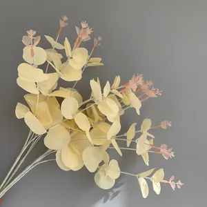 Detailed view of cream artificial 16-fork eucalyptus stems with silk-screened leaves
