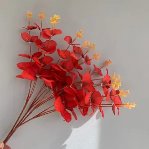 Detailed view of artificial red eucalyptus branches with 16 forks for home decoration