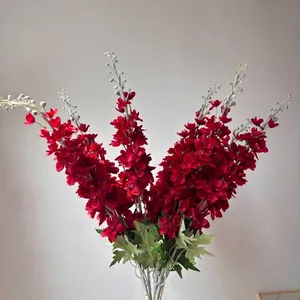 Elegantes flores de espuela de caballero artificiales flocado rojo para bodas