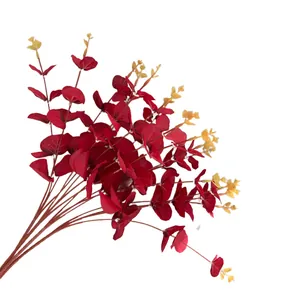 Decorative 16-fork red artificial eucalyptus branches for indoor home decor and landscapes