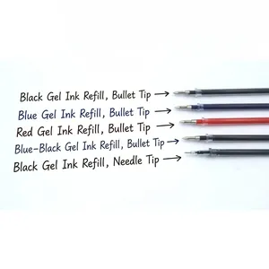 0.5mm gel pen refills in black blue and red with bullet and needle tips for smooth writing