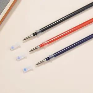 Premium 0.5mm gel pen refills in black, red, and blue ink with protective caps.