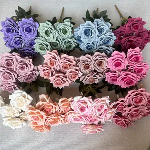 Detailed view of multi-colored 7-head artificial rose bouquets for home decor