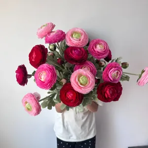 Large bouquet of pink and red flocked ranunculus artificial flowers for home decor