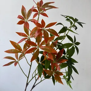 Detailed macro view of realistic artificial Pieris japonica leaves in green and red colors