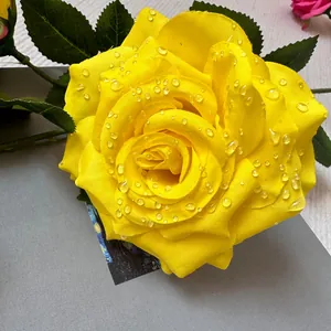 Detailed macro view of a yellow artificial rose petal with realistic water droplets.