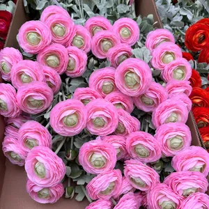 Detailed close-up view of pink flocked 2-head ranunculus artificial flowers in a box